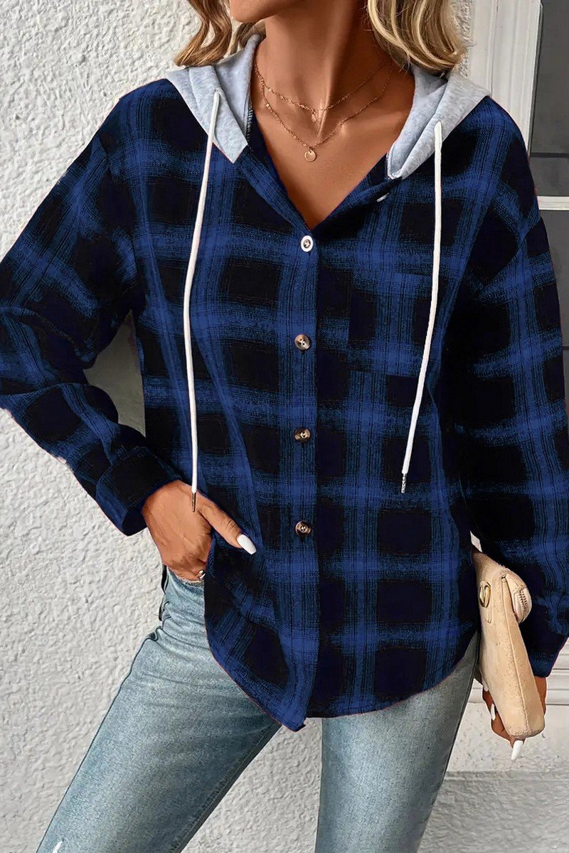 WOMEN LONG SLEEVE PLAID BUTTON DOWN HOODIE