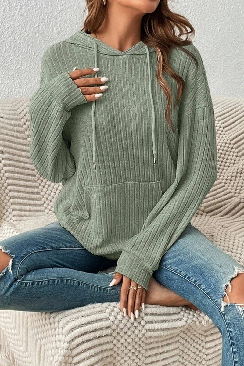 WOMEN LONG SLEEVE RIB POCKET PULLOVER HOODIE