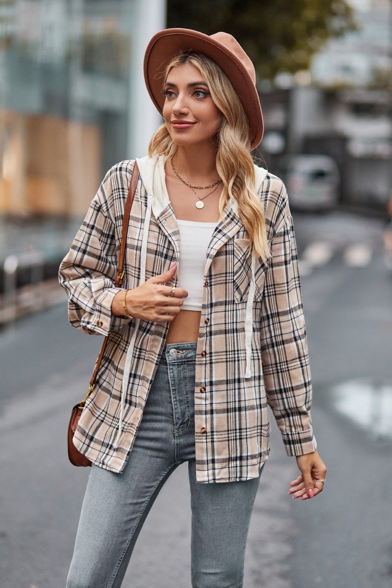 WOMEN PLAID CASUAL BUTTON UP PULLOVER HOODIE