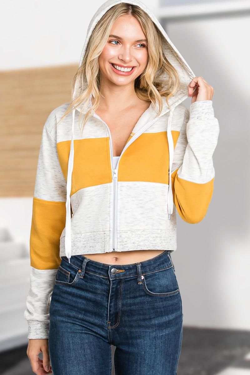 COLOR BLOCK LONG SLEEVE COZY CROP ZIP UP HOODIE - Doublju
