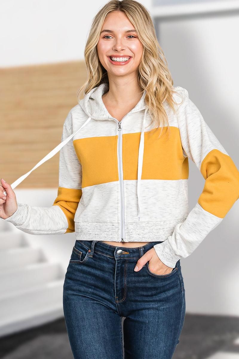 COLOR BLOCK LONG SLEEVE COZY CROP ZIP UP HOODIE - Doublju