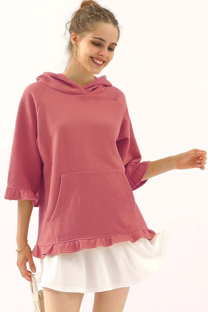 3/4 SLEEVE HOODIE SWEATSHIRT WITH KANGAROO POCKET - Doublju