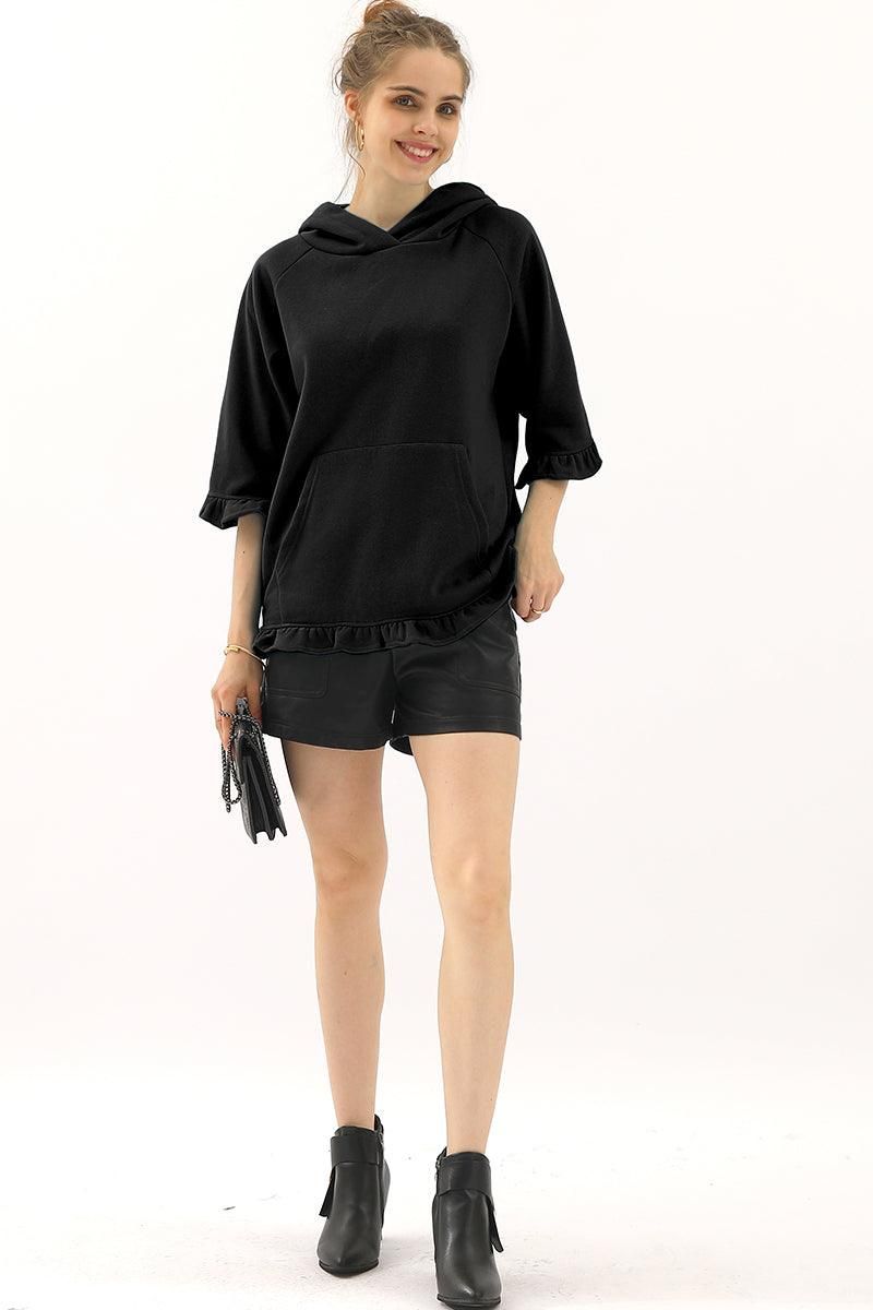 3/4 SLEEVE HOODIE SWEATSHIRT WITH KANGAROO POCKET - Doublju