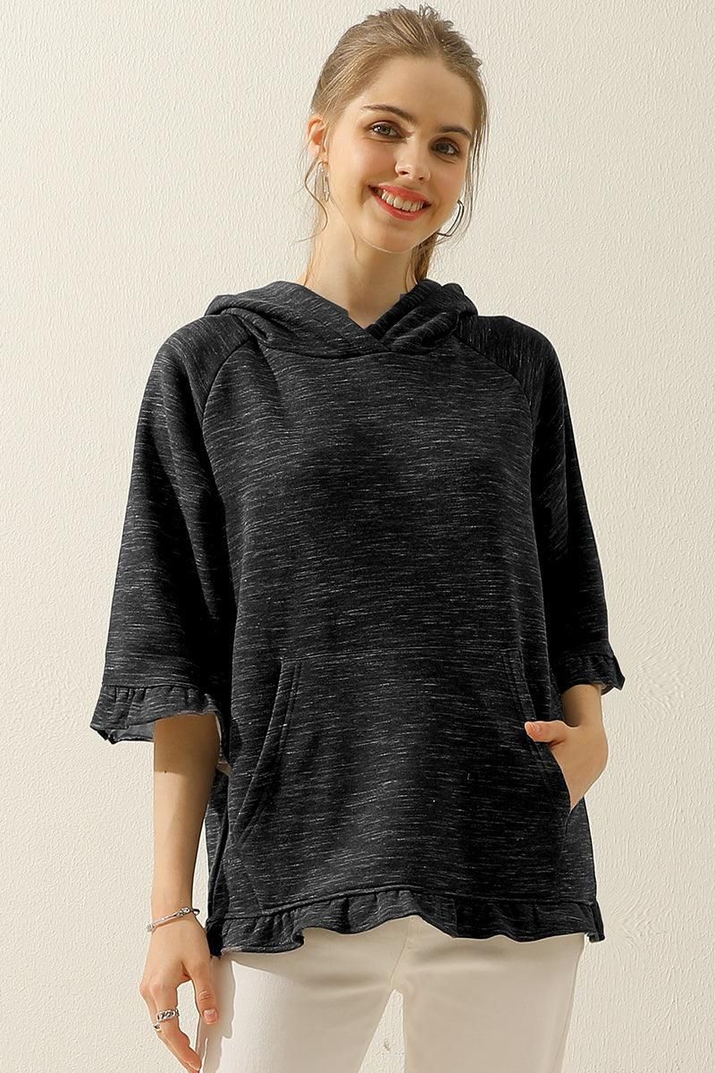 3/4 SLEEVE HOODIE SWEATSHIRT WITH KANGAROO POCKET - Doublju