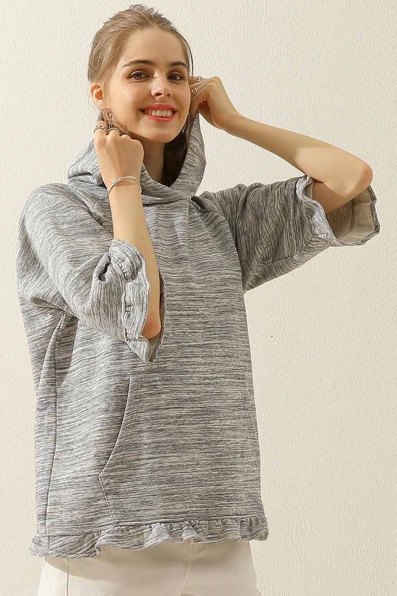 3/4 SLEEVE HOODIE SWEATSHIRT WITH KANGAROO POCKET - Doublju