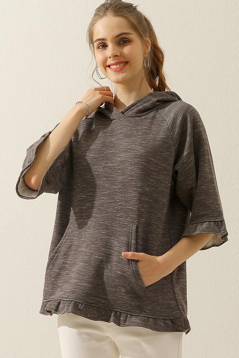 3/4 SLEEVE HOODIE SWEATSHIRT WITH KANGAROO POCKET - Doublju