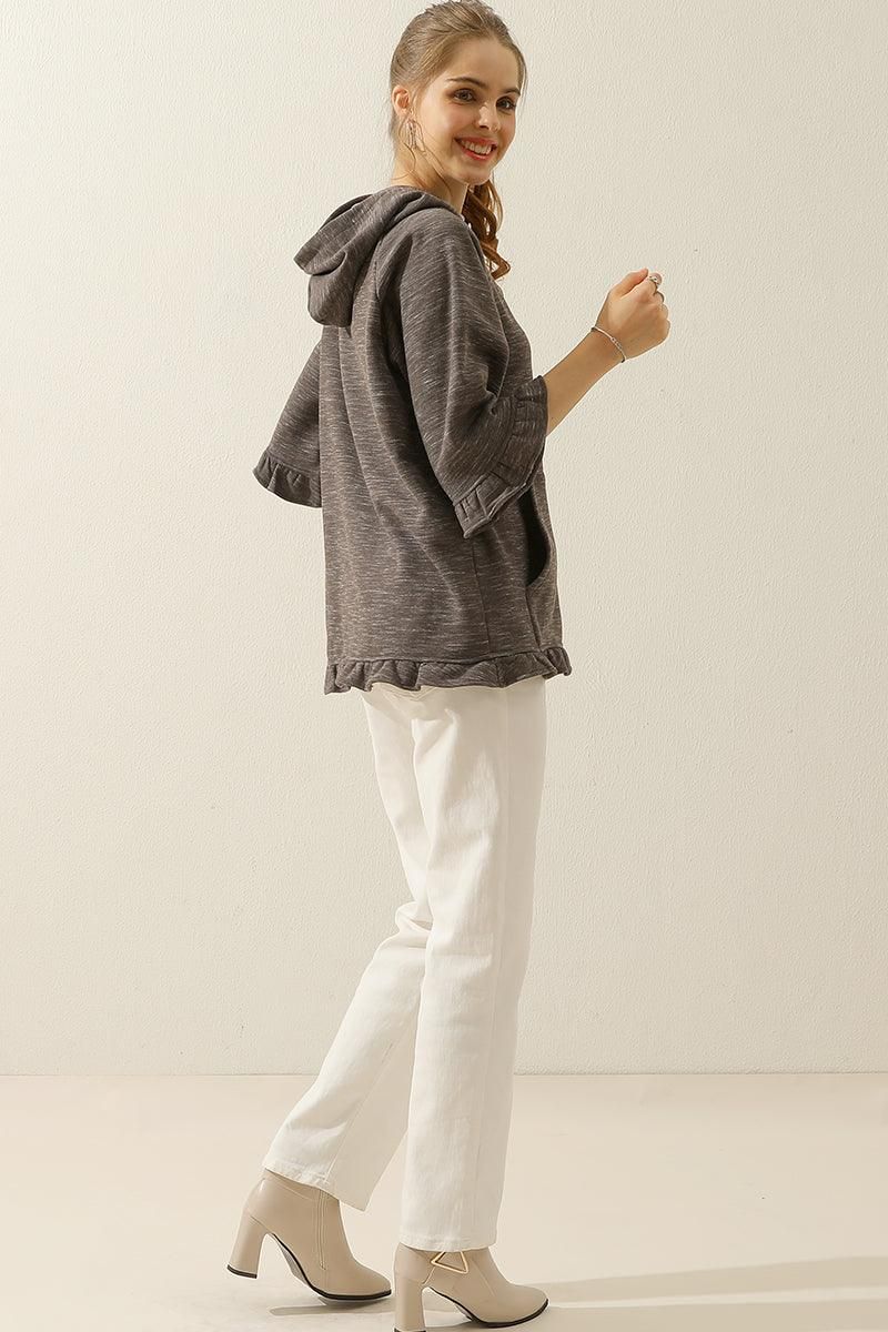 3/4 SLEEVE HOODIE SWEATSHIRT WITH KANGAROO POCKET - Doublju