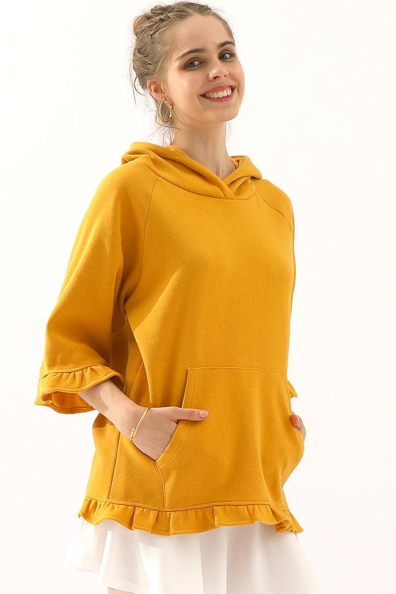 3/4 SLEEVE HOODIE SWEATSHIRT WITH KANGAROO POCKET - Doublju