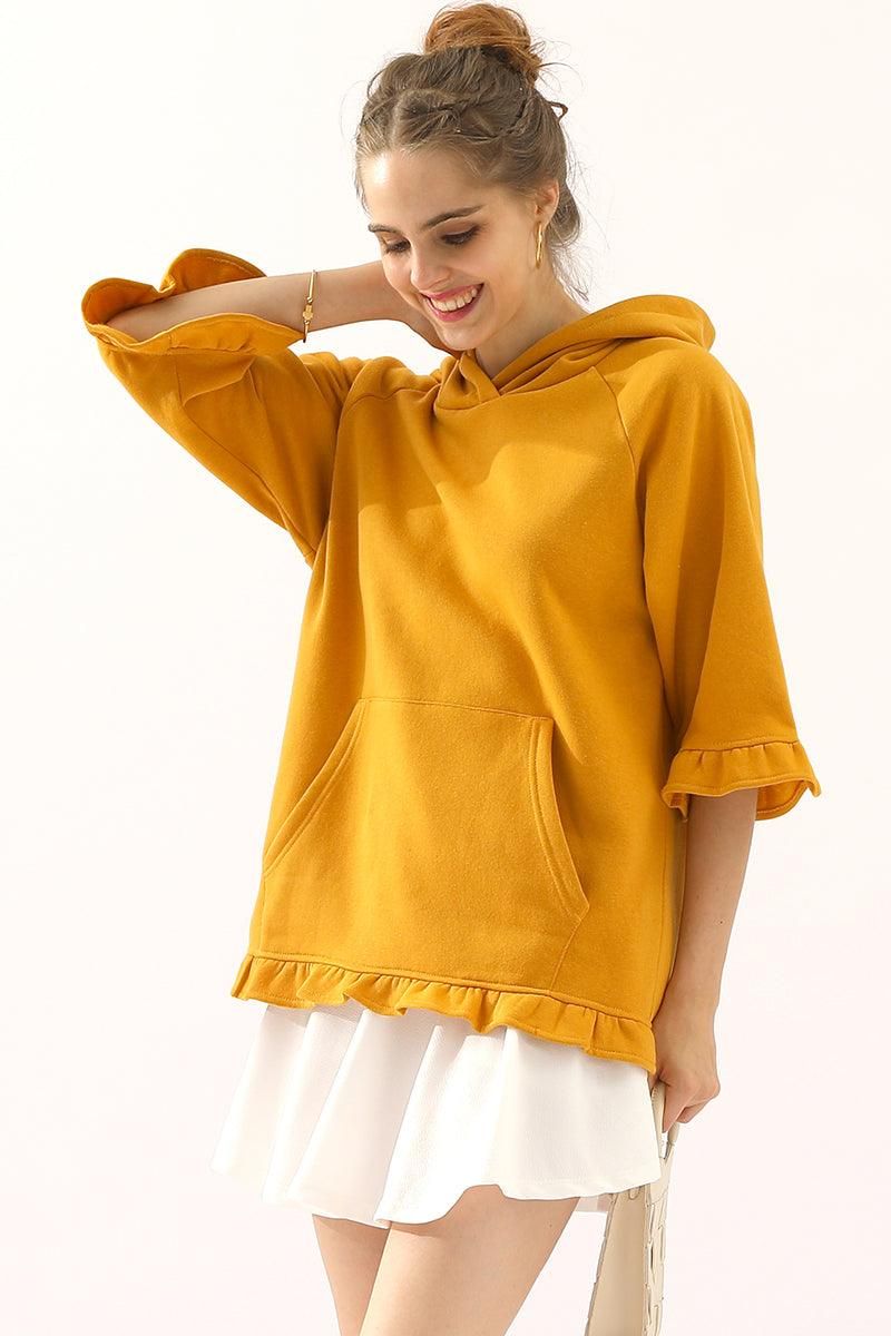 3/4 SLEEVE HOODIE SWEATSHIRT WITH KANGAROO POCKET - Doublju
