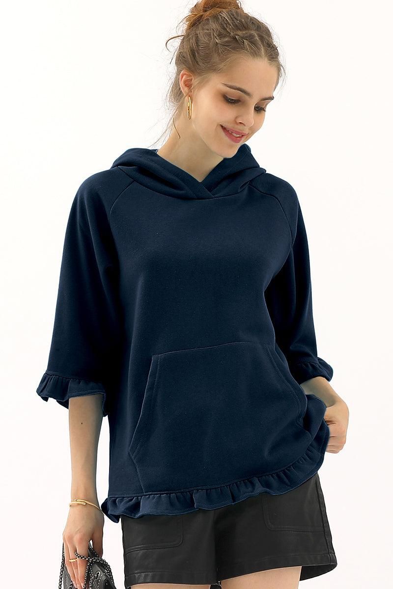 3/4 SLEEVE HOODIE SWEATSHIRT WITH KANGAROO POCKET - Doublju