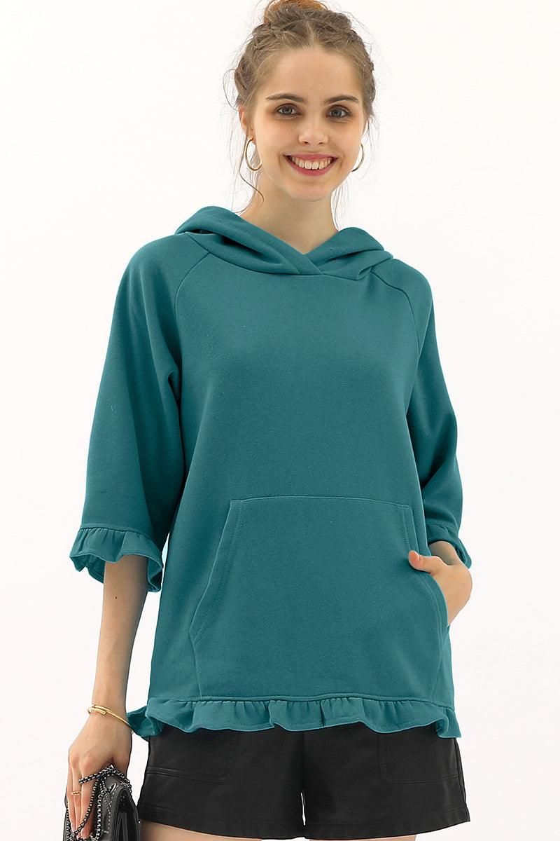 3/4 SLEEVE HOODIE SWEATSHIRT WITH KANGAROO POCKET - Doublju