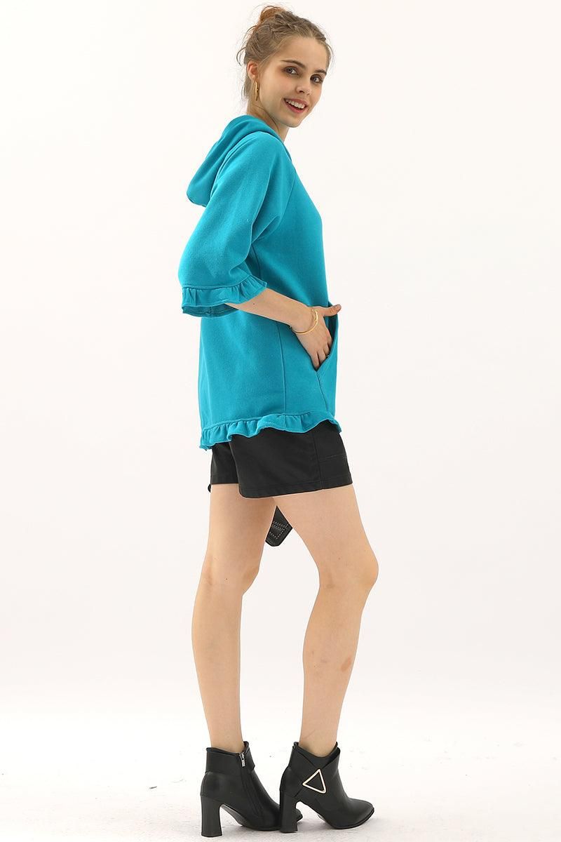 3/4 SLEEVE HOODIE SWEATSHIRT WITH KANGAROO POCKET - Doublju