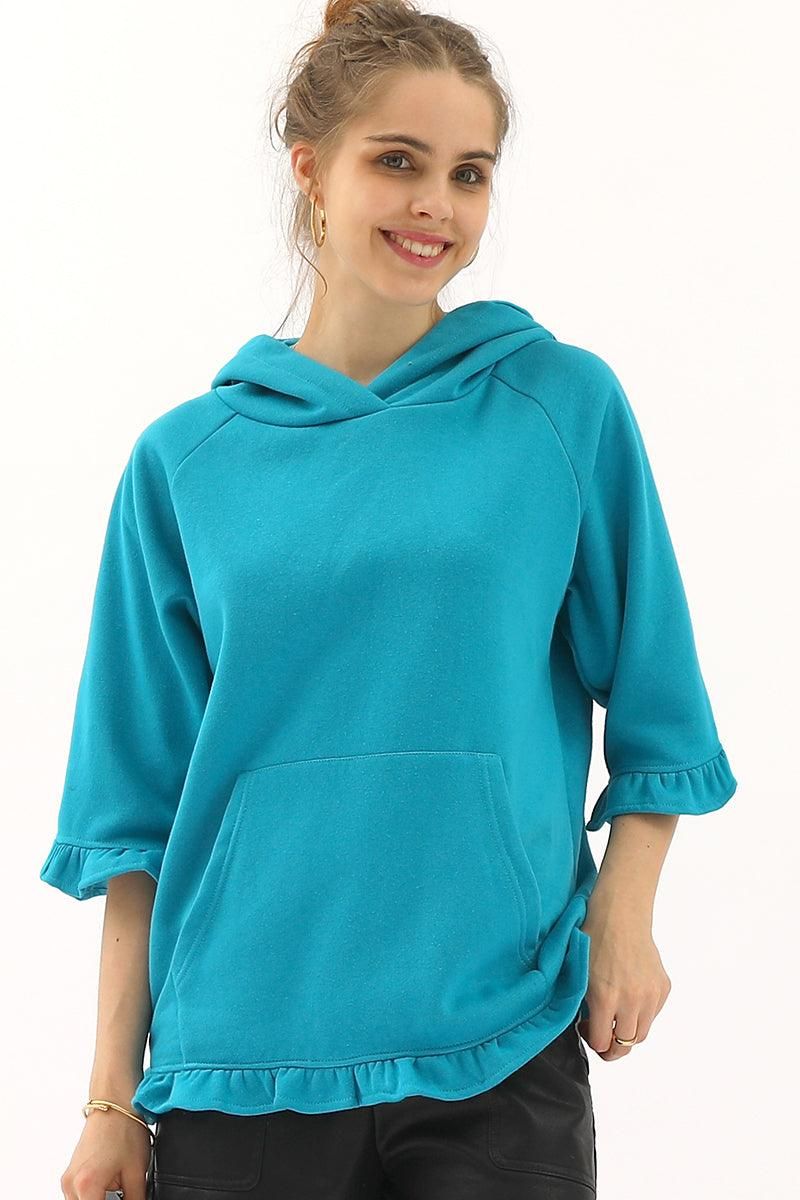 3/4 SLEEVE HOODIE SWEATSHIRT WITH KANGAROO POCKET - Doublju
