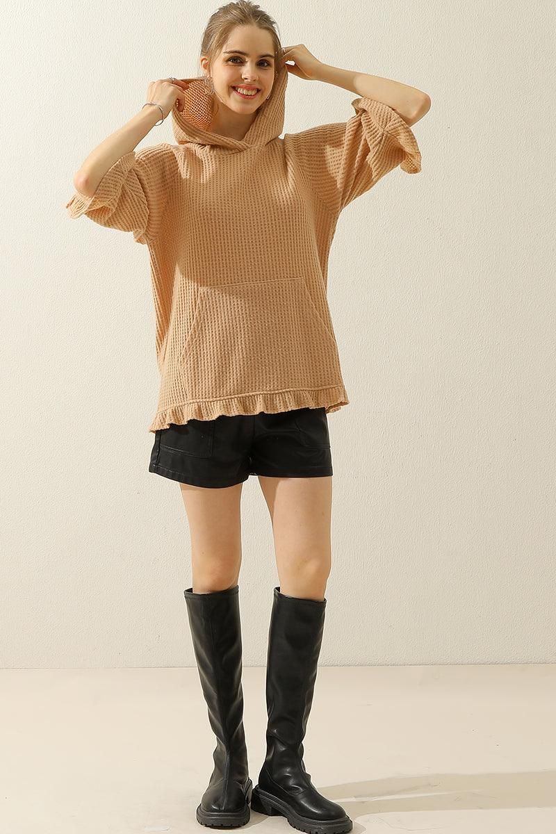 HOODED 3/4 RUFFLED SLEEVE KNIT SWEATER WITH POCKET - Doublju