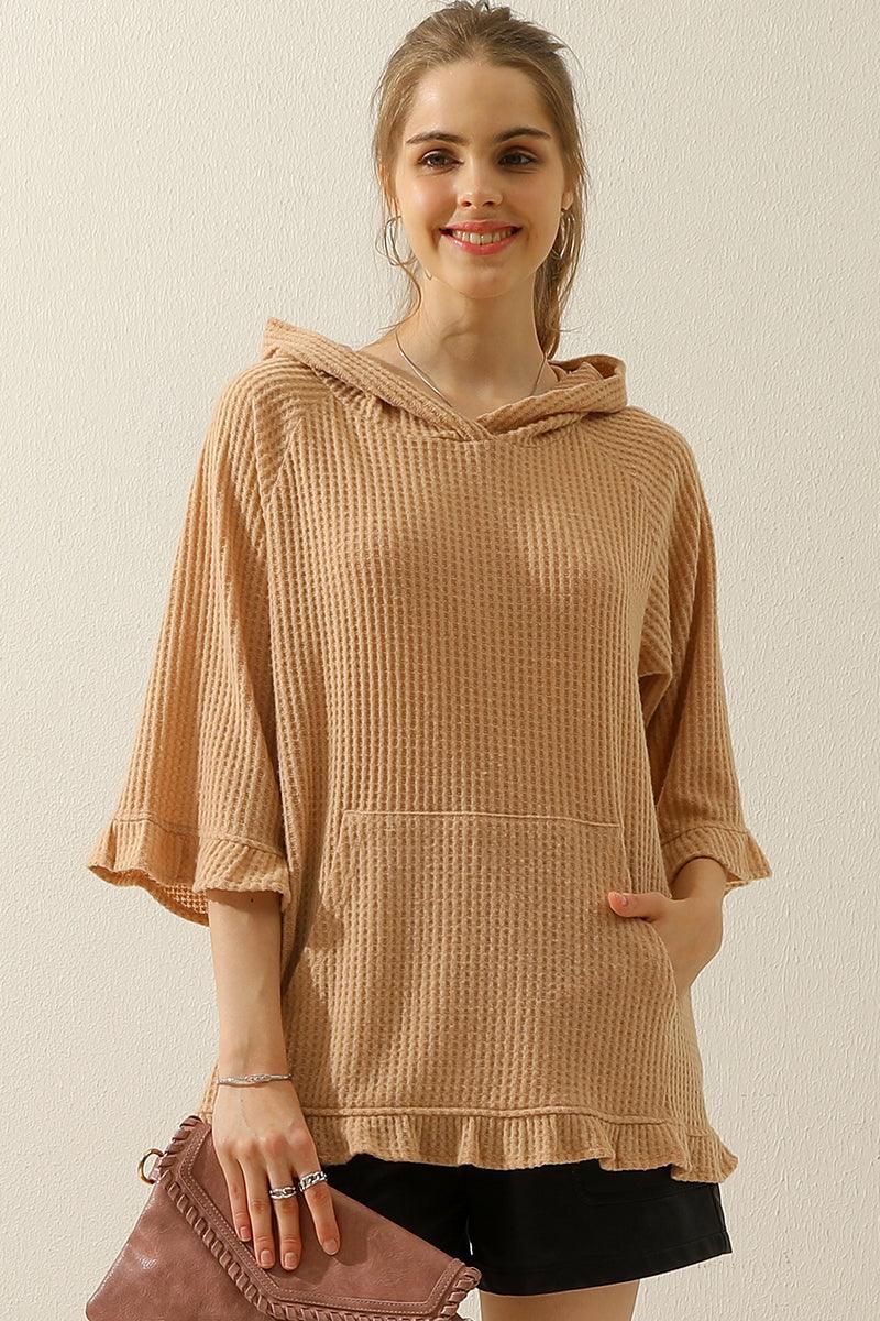 HOODED 3/4 RUFFLED SLEEVE KNIT SWEATER WITH POCKET - Doublju