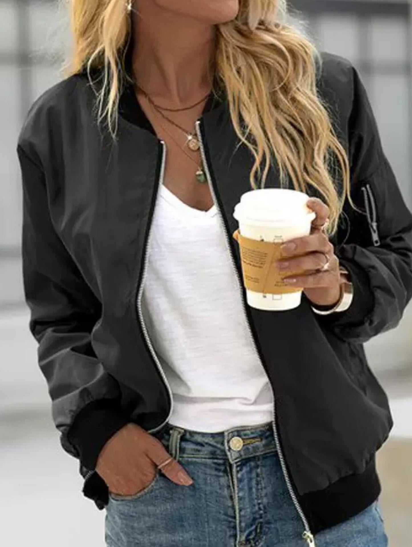 Casual solid color zip-up jacket