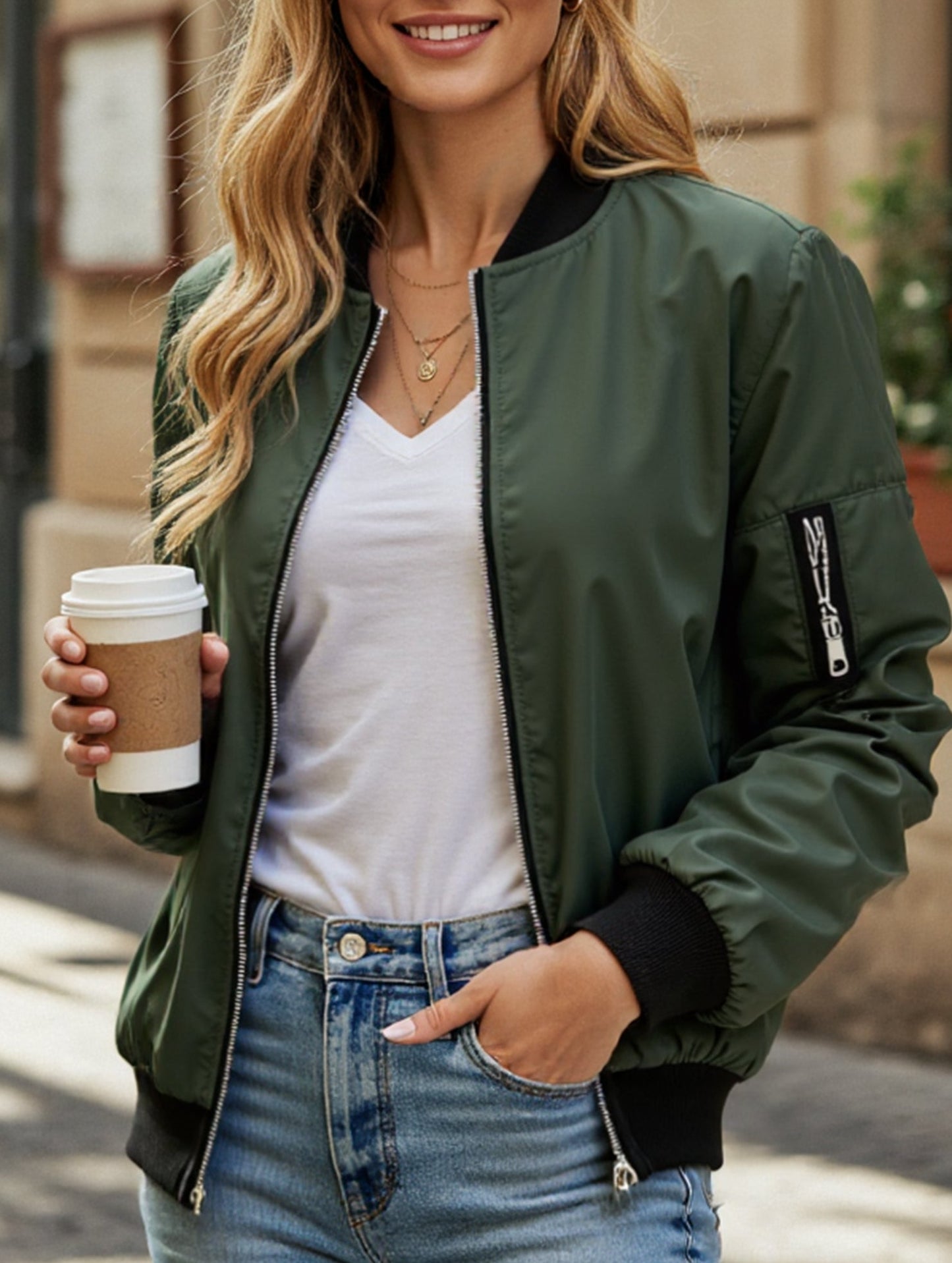 Casual solid color zip-up jacket