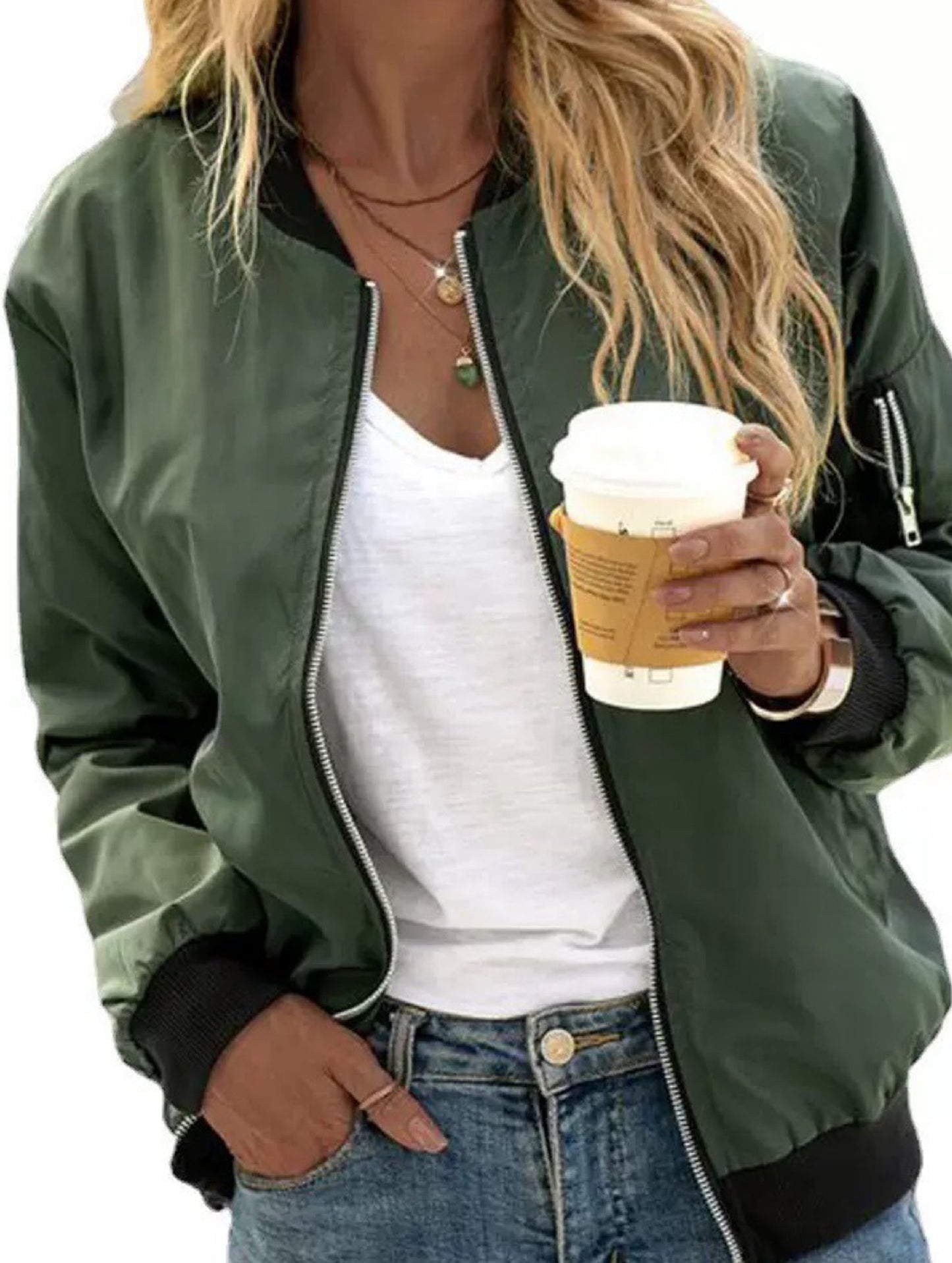 Casual solid color zip-up jacket