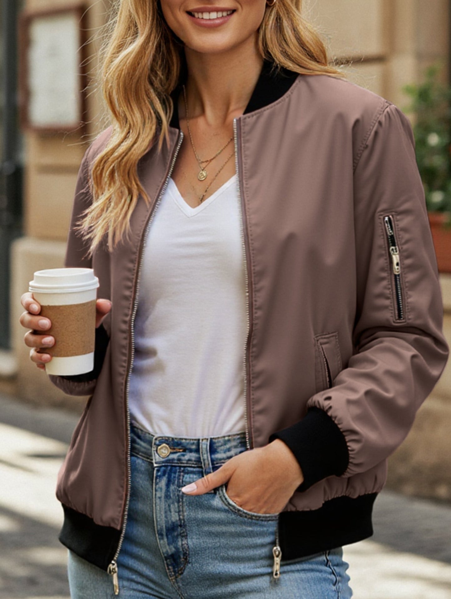 Casual solid color zip-up jacket