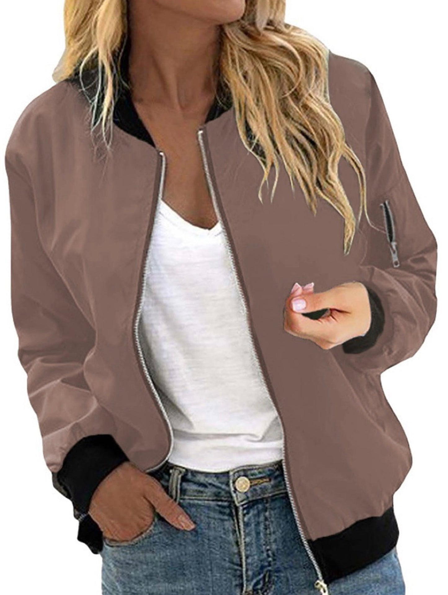 Casual solid color zip-up jacket