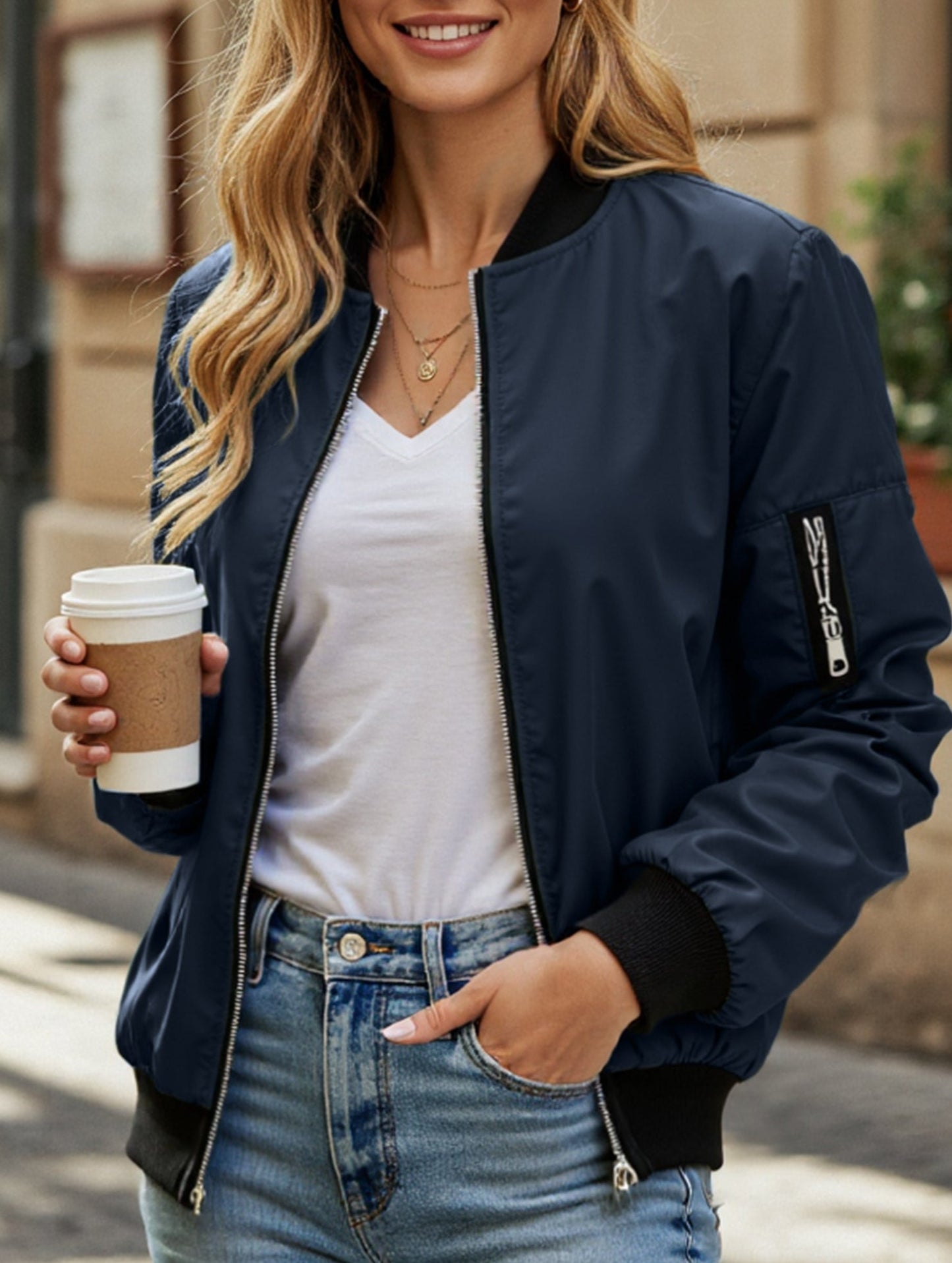 Casual solid color zip-up jacket
