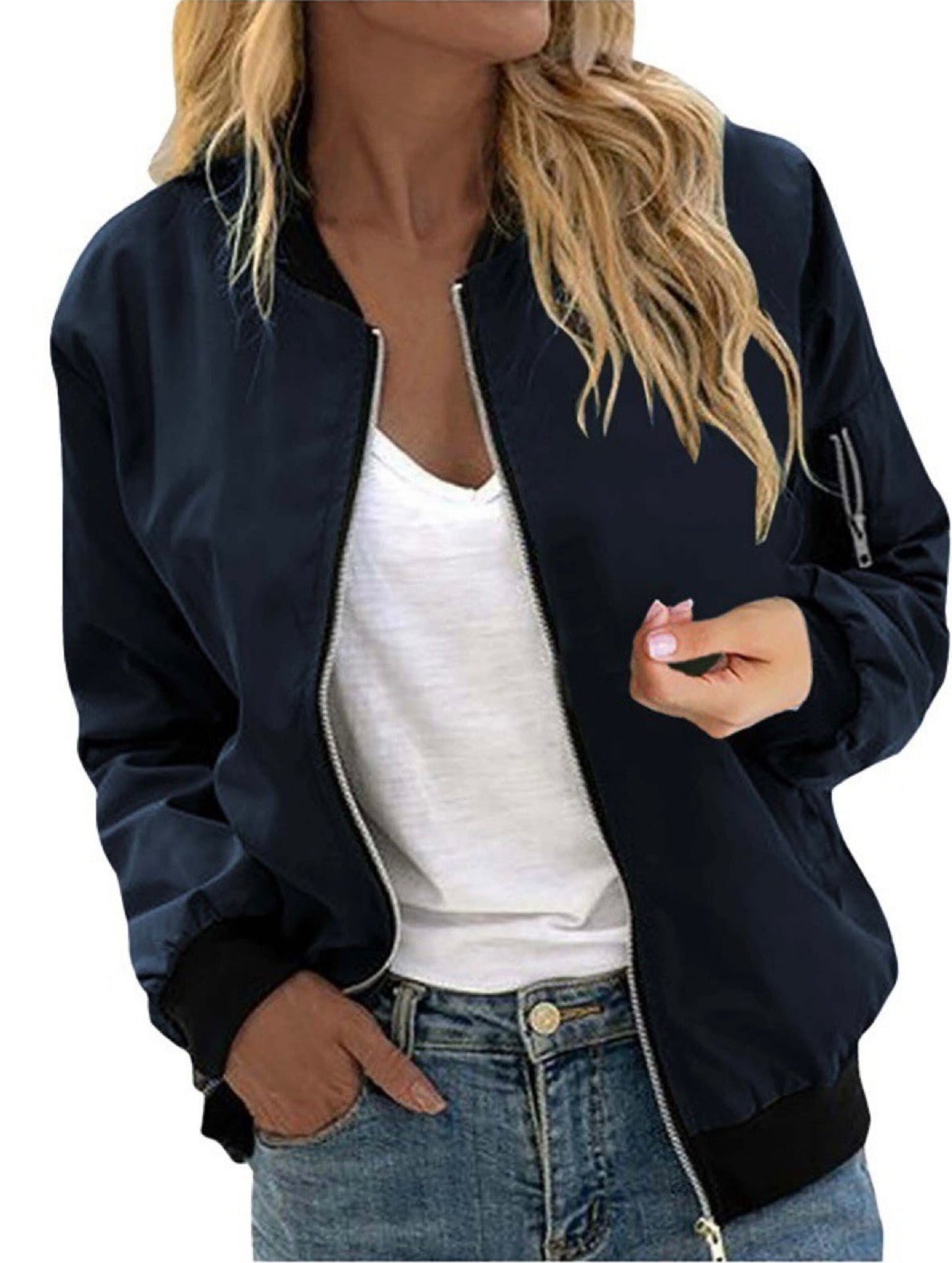 Casual solid color zip-up jacket
