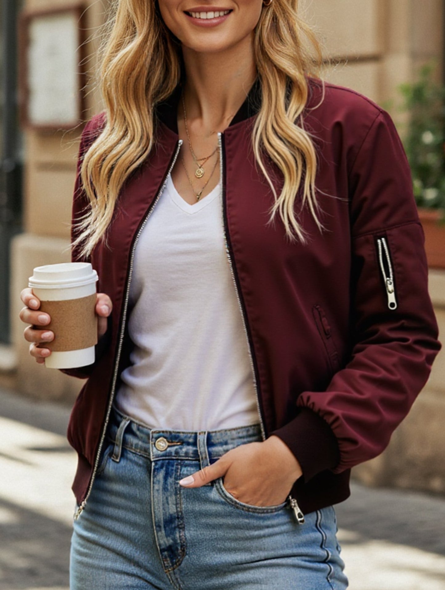 Casual solid color zip-up jacket