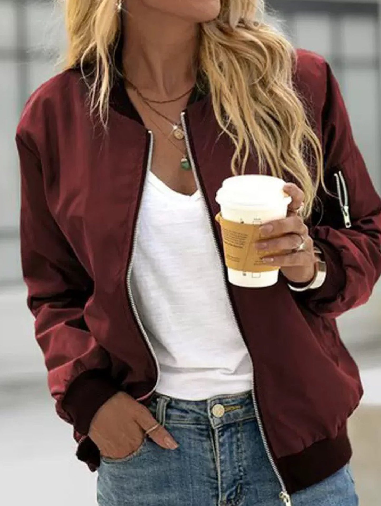 Casual solid color zip-up jacket