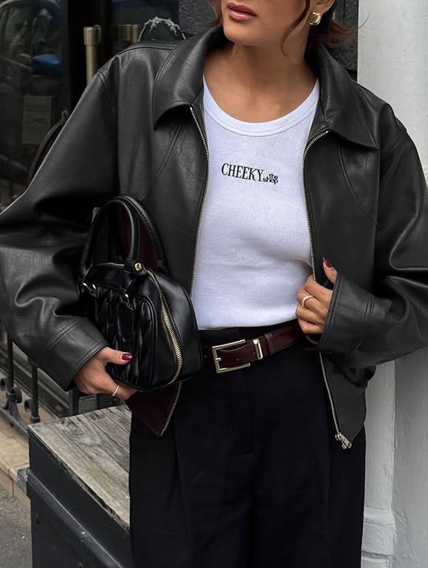 Casual holiday style long-sleeved leather jacket