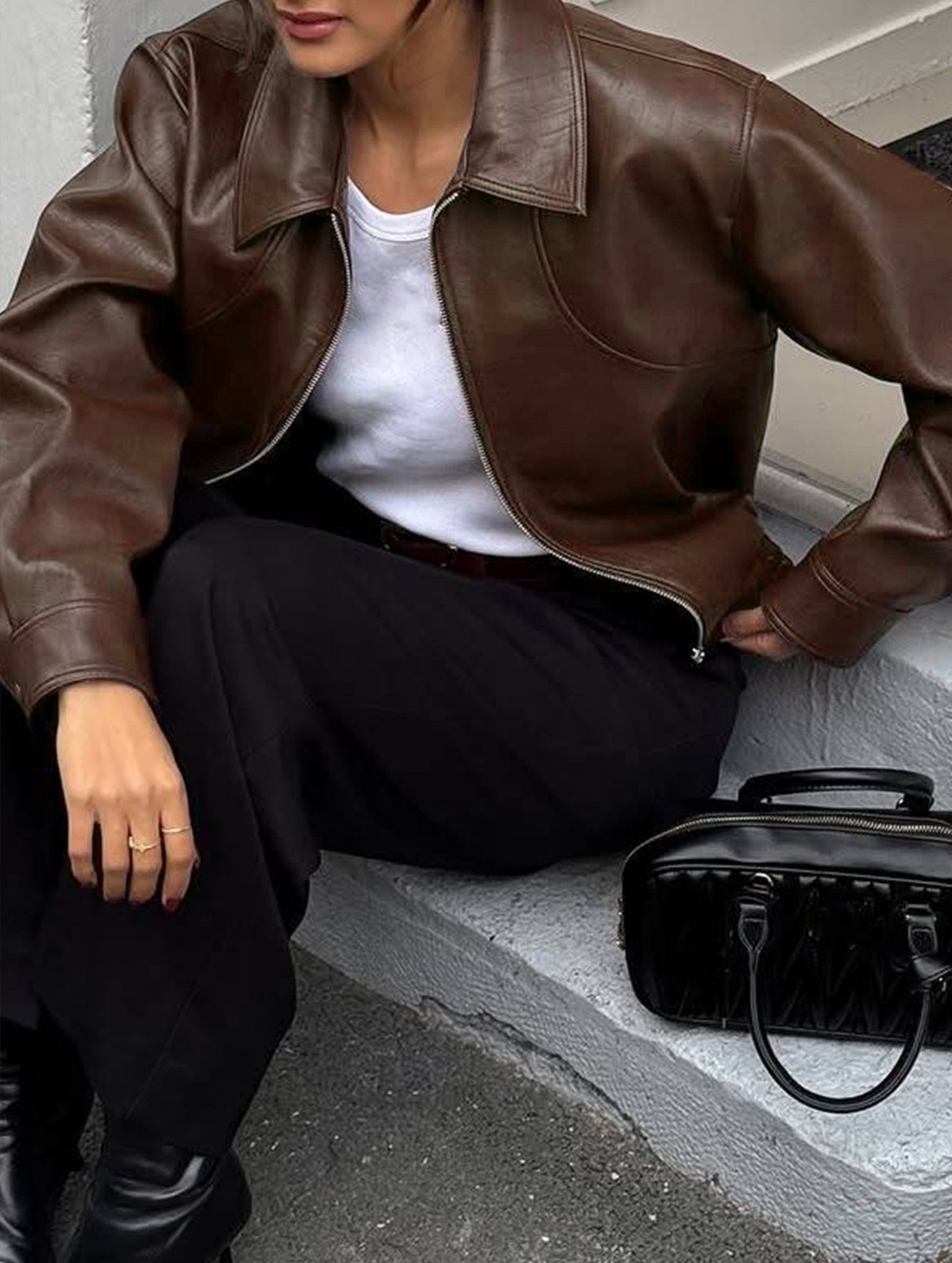 Casual holiday style long-sleeved leather jacket