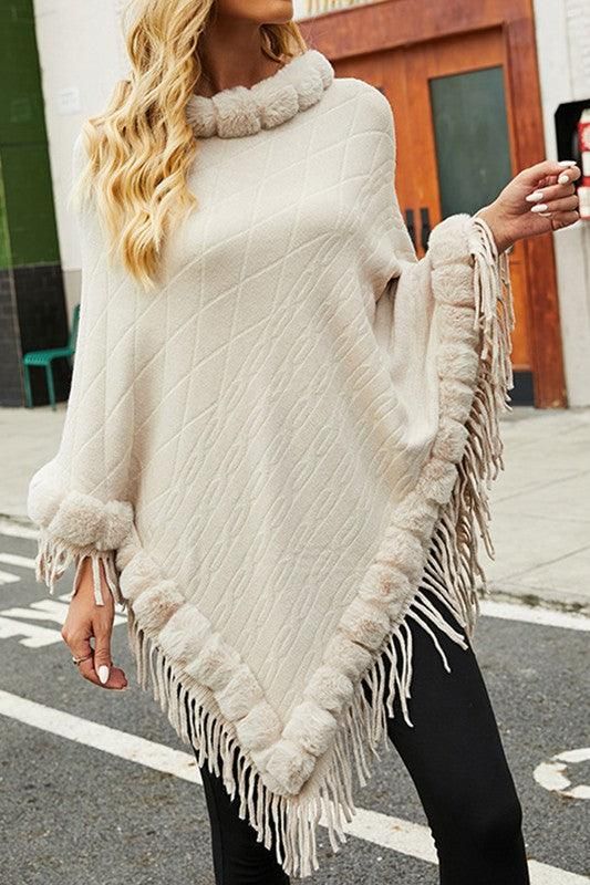 FURRY COLLAR SOLID COLOR KNITTED CLOAK SHAWL - Doublju