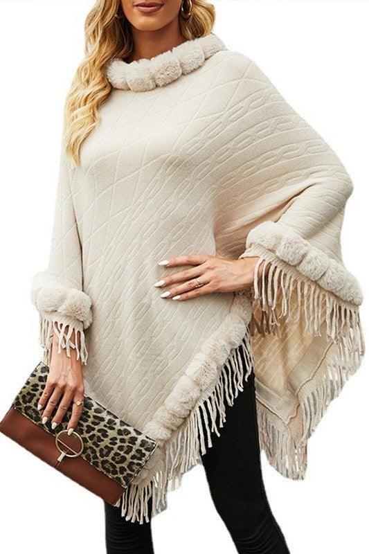 FURRY COLLAR SOLID COLOR KNITTED CLOAK SHAWL - Doublju