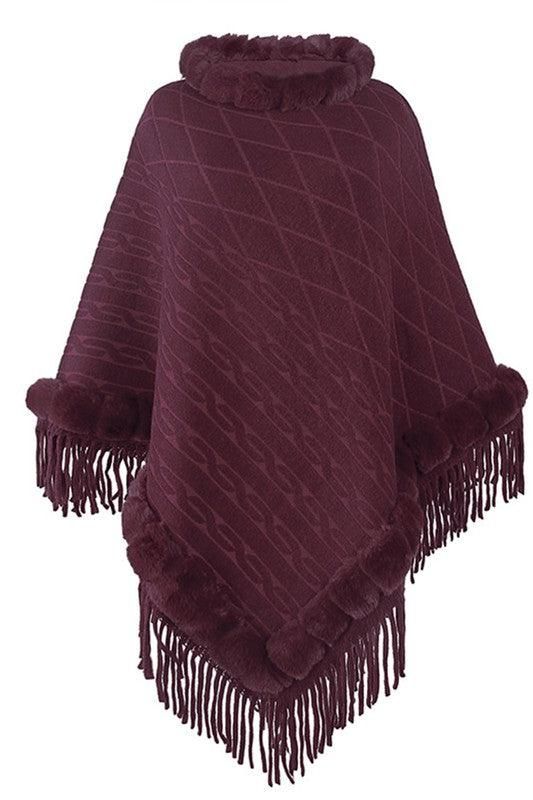 FURRY COLLAR SOLID COLOR KNITTED CLOAK SHAWL - Doublju