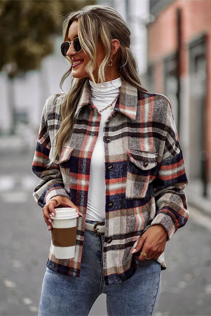 PLAID PATTERN MIDI LENGTH BUTTONED JACKET - Doublju