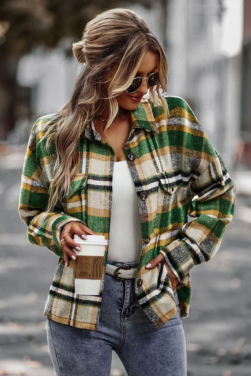 PLAID PATTERN MIDI LENGTH BUTTONED JACKET - Doublju