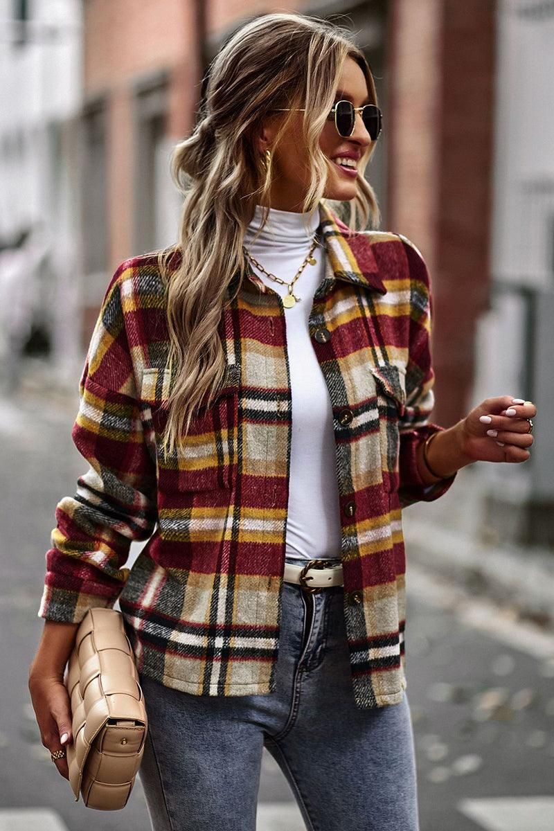 PLAID PATTERN MIDI LENGTH BUTTONED JACKET - Doublju