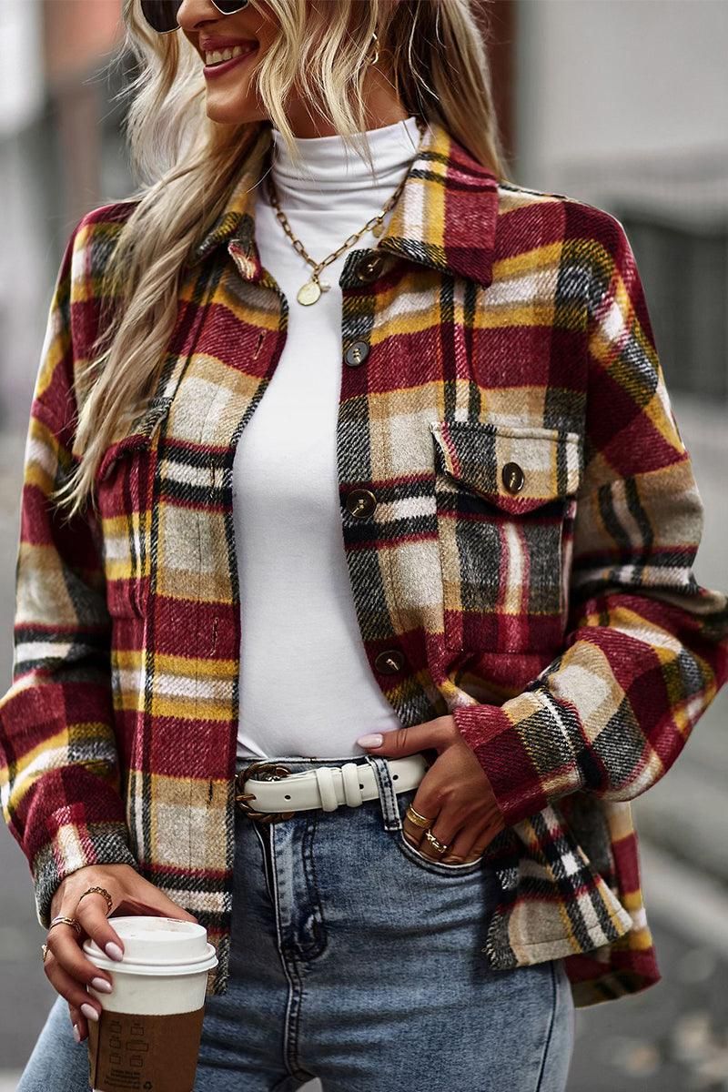 PLAID PATTERN MIDI LENGTH BUTTONED JACKET - Doublju