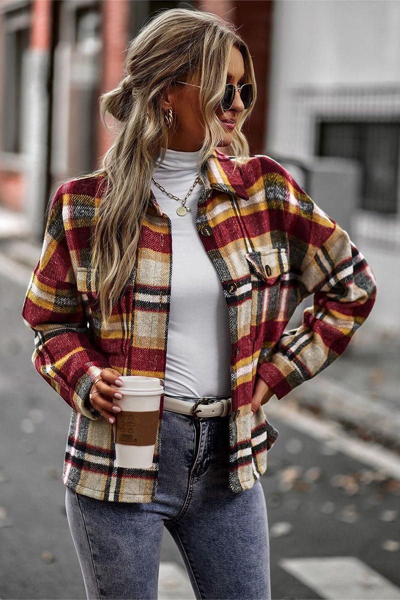 PLAID PATTERN MIDI LENGTH BUTTONED JACKET - Doublju