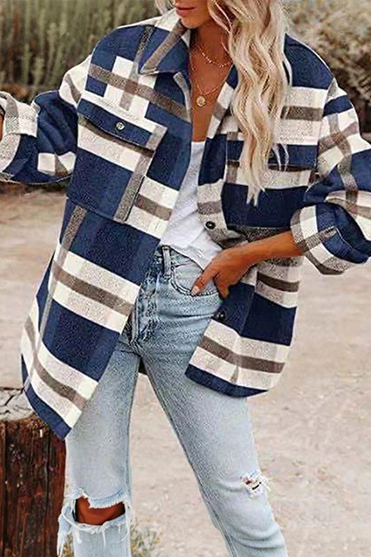WOMEN OVERSIZED PLAID PATTERN LONG SHACKET - Doublju