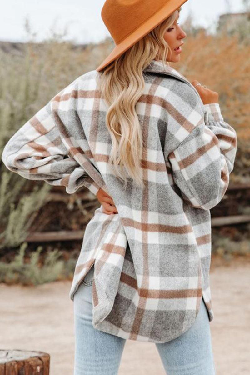 WOMEN OVERSIZED PLAID PATTERN LONG SHACKET - Doublju