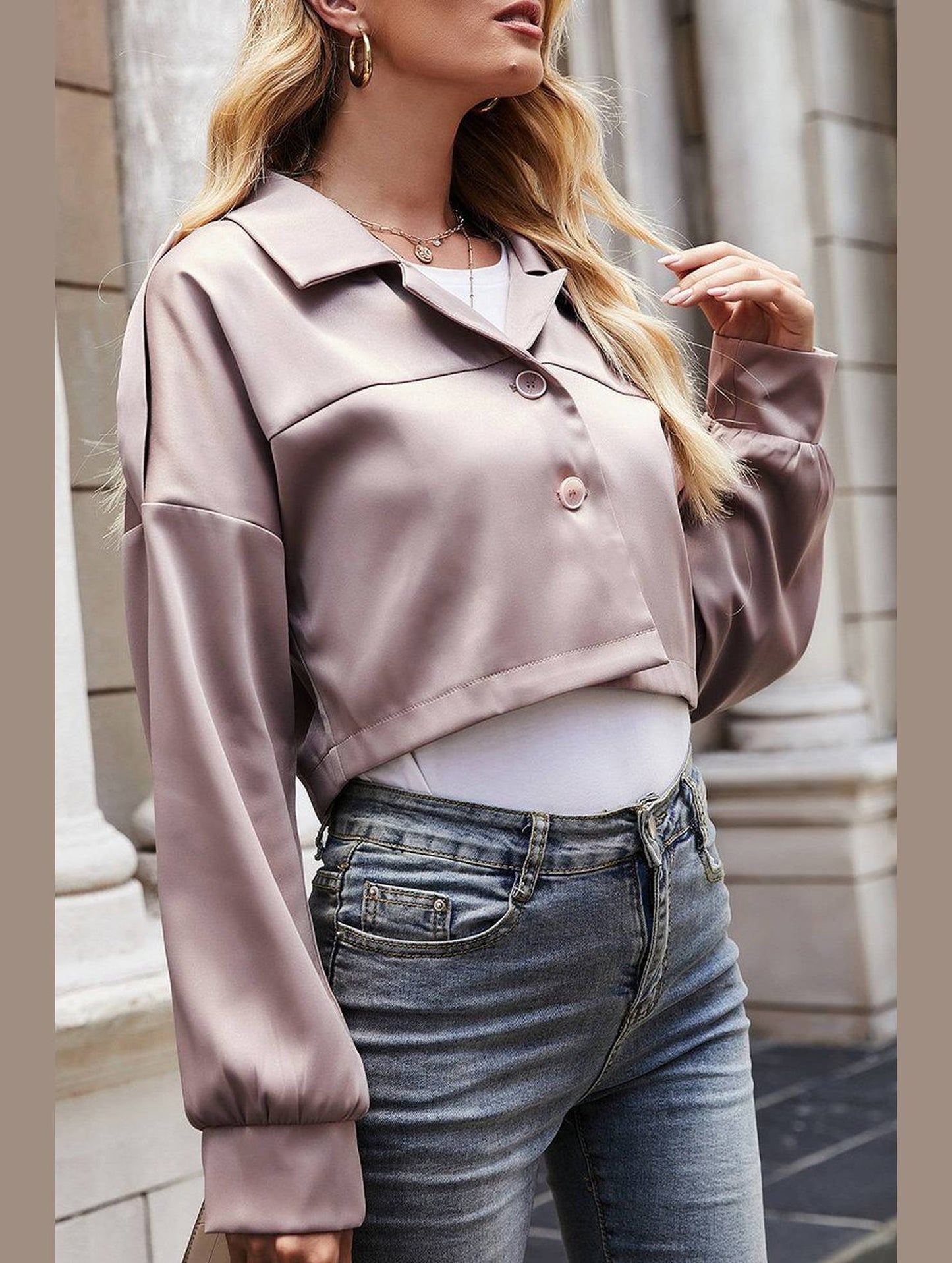 WOMEN BUTTON UP SHORT LAPEL CROP JACKET