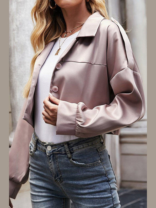 WOMEN BUTTON UP SHORT LAPEL CROP JACKET