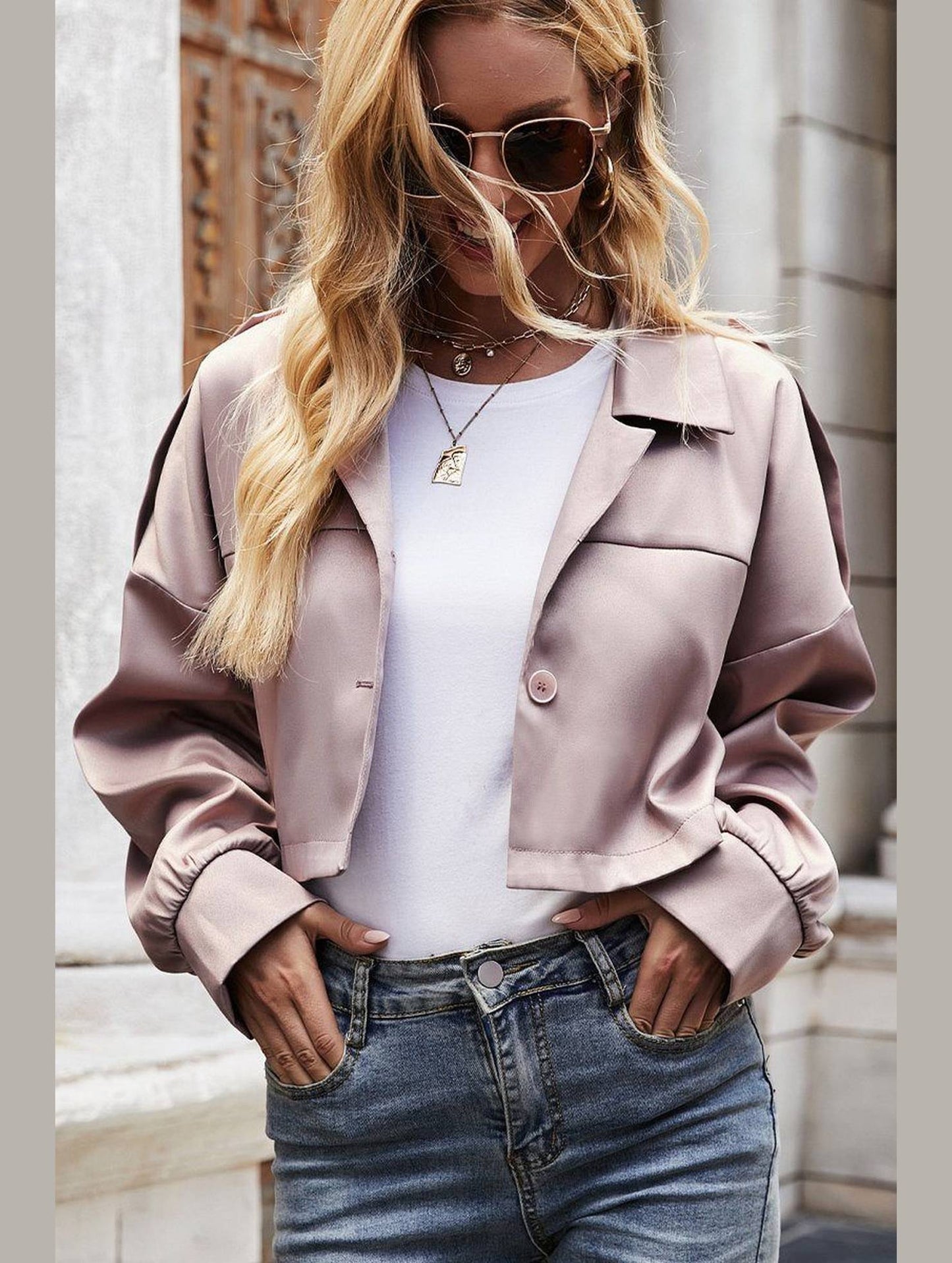 WOMEN BUTTON UP SHORT LAPEL CROP JACKET