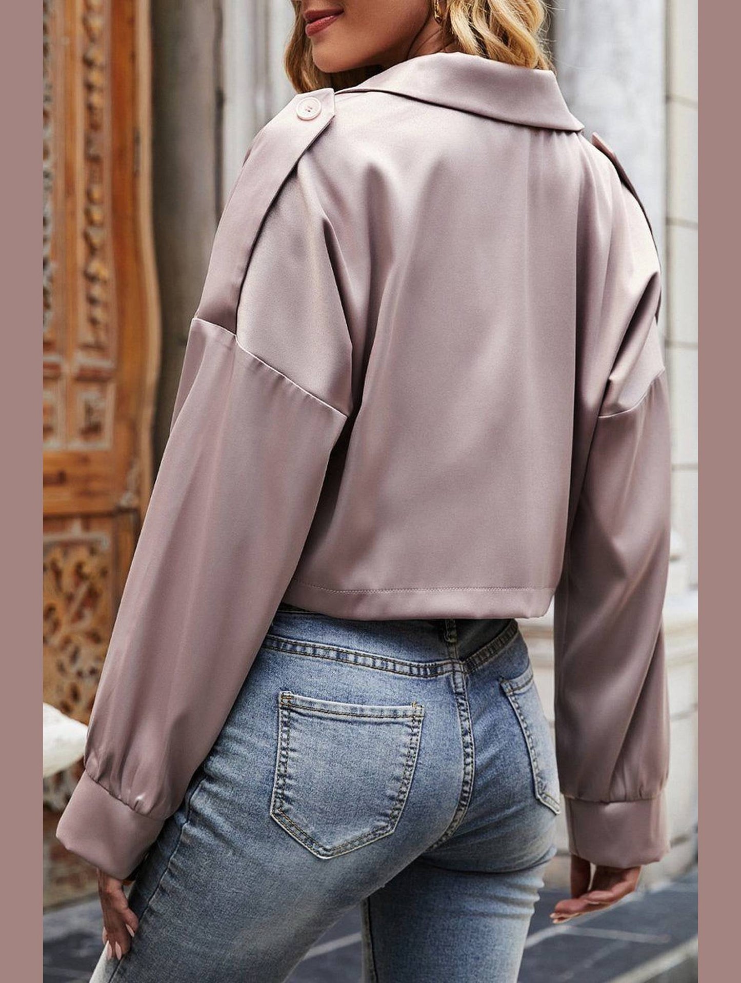 WOMEN BUTTON UP SHORT LAPEL CROP JACKET