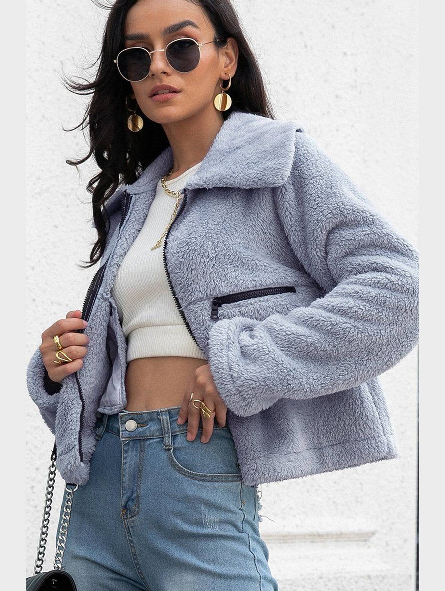 WOMEN ZIP UP FLEECE JACKET WITH POCKETS