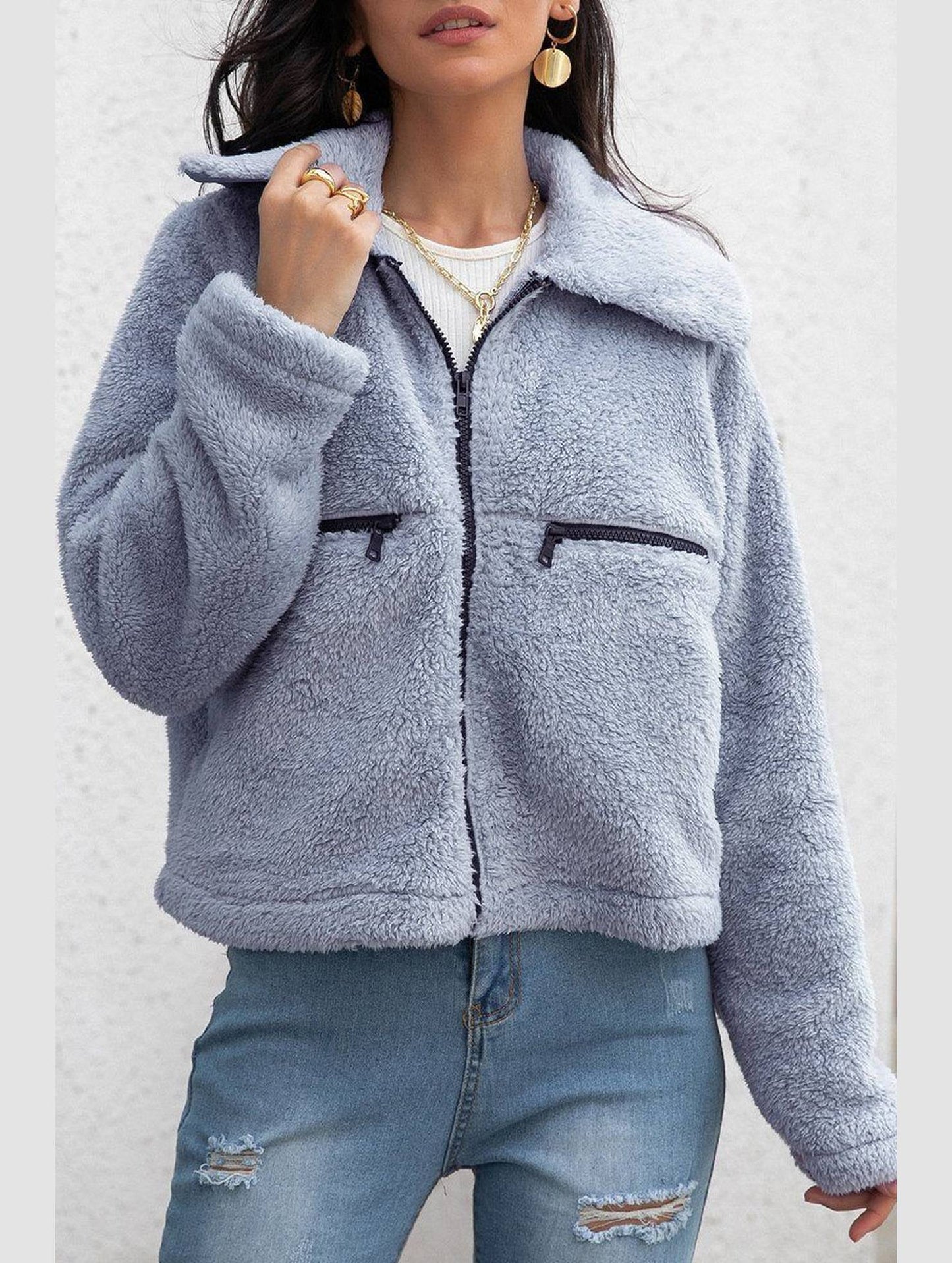 WOMEN ZIP UP FLEECE JACKET WITH POCKETS