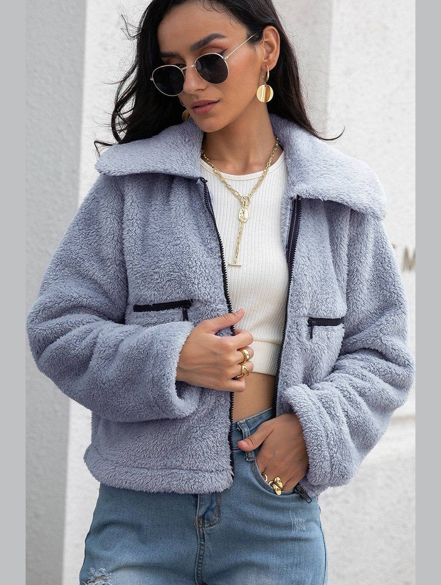 WOMEN ZIP UP FLEECE JACKET WITH POCKETS