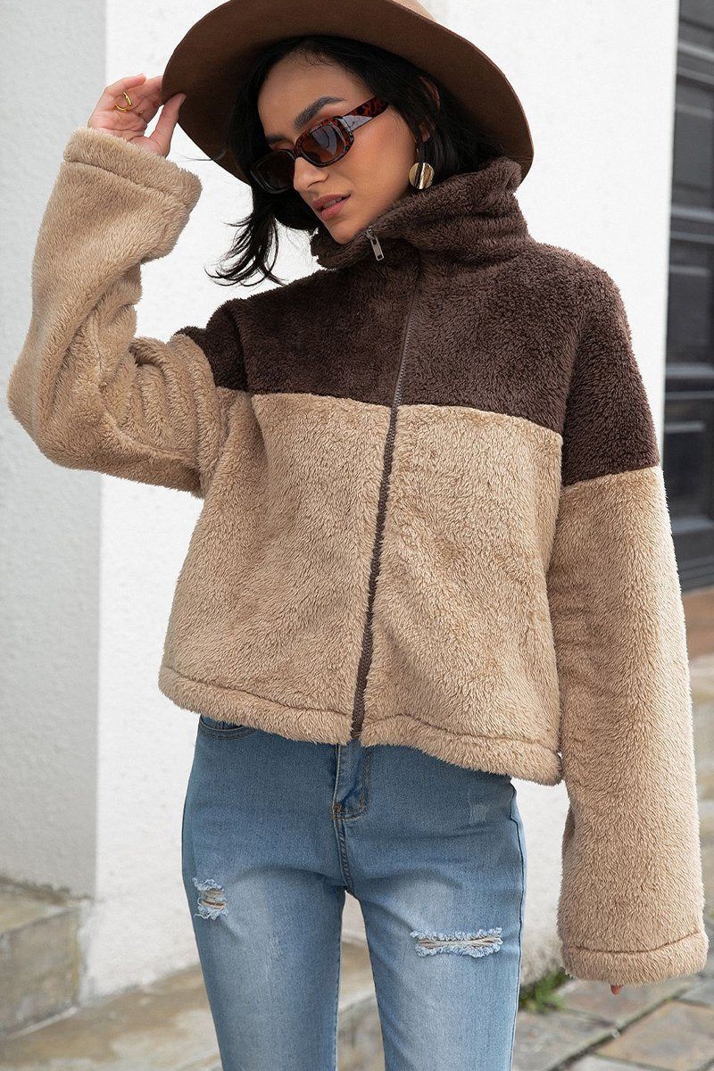 WOMEN HIGH NECK COLOR BLOCK ZIP UP FLEECE JACKET