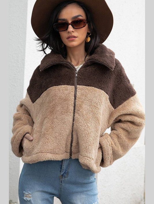 WOMEN HIGH NECK COLOR BLOCK ZIP UP FLEECE JACKET