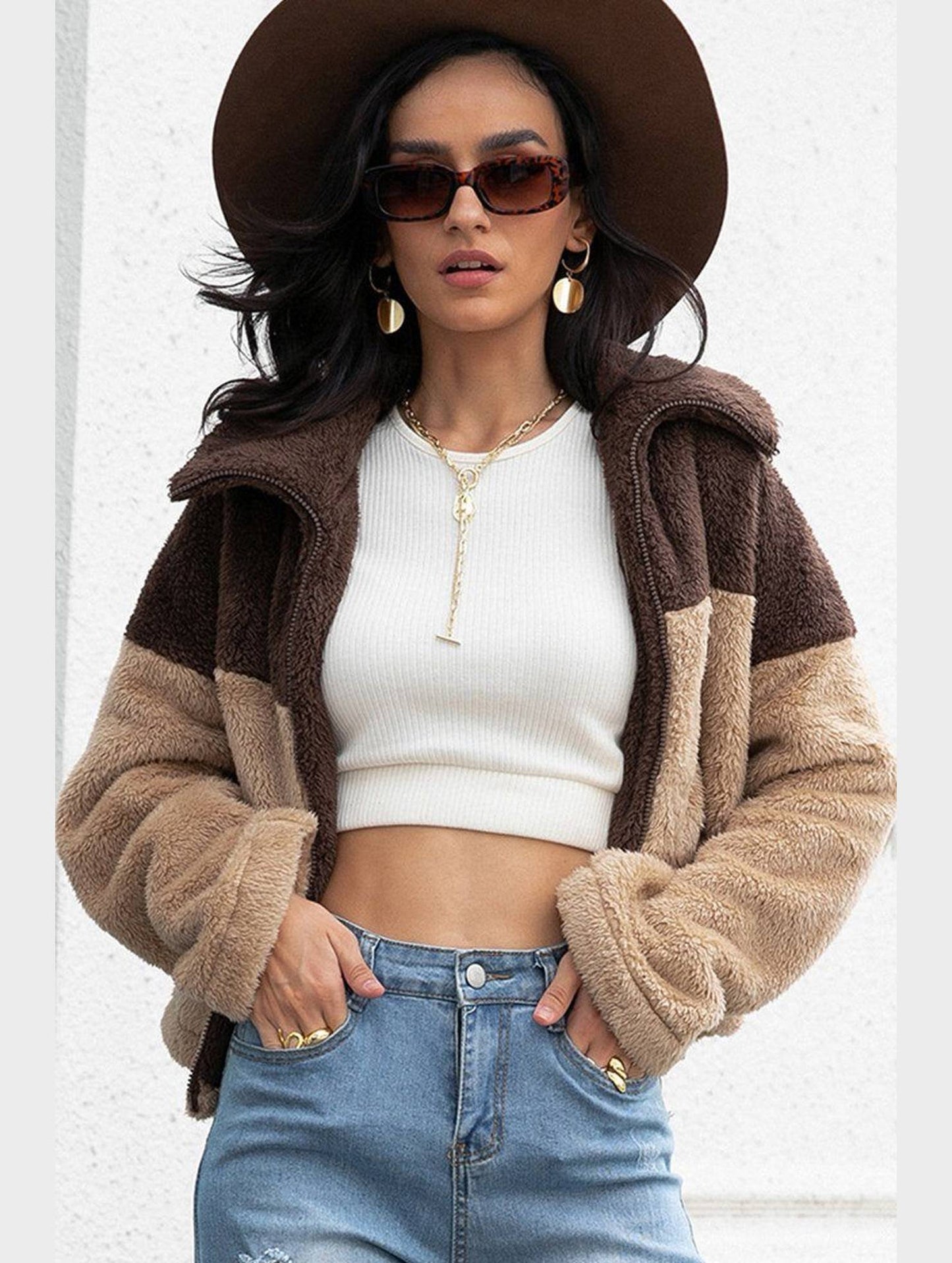 WOMEN HIGH NECK COLOR BLOCK ZIP UP FLEECE JACKET